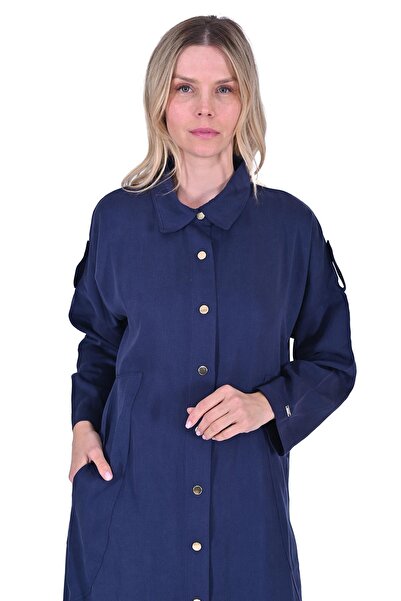 Invee Düğmeli Kadın Uzun Kap Lacivert
