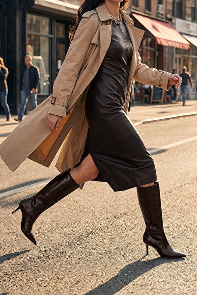 Marjin Cizme de damă cu vârf ascuțit, fără fermoar, cu toc subțire, Gasev maro