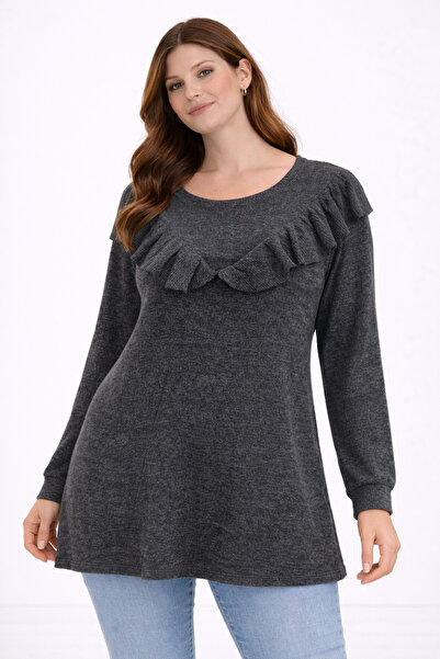 Şans Women's Plus Size Anthracite, Ruffle Detail, Wool Viscose Tunic 65N39302