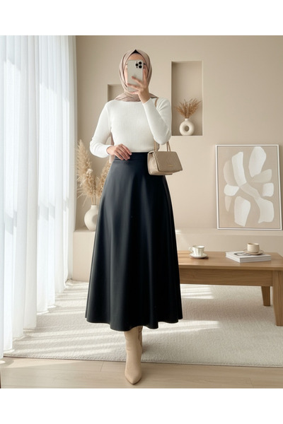 HİJABAYA Straight Leather Skirt with Elastic Waist (1962)
