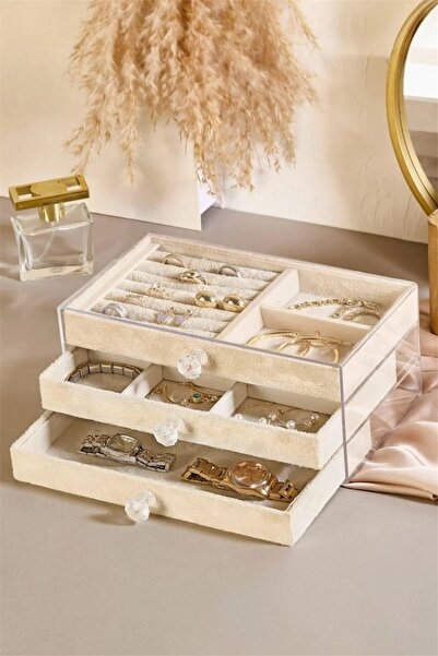 Genel Markalar İnci Kadife 3 Çekmeceli Şeffaf Takı Kutusu | Mücevher Saklama Kutusu Krem Renk Seçeneği
