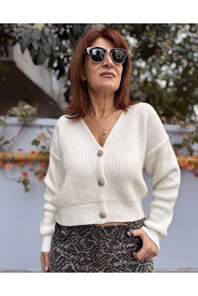 DenizEge Wool Blend Short Cardigan Ecru