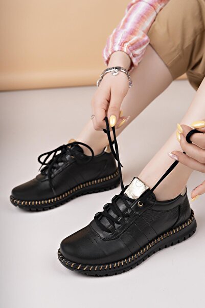 Mammamia D25YA 3275 Siyah Hakiki Deri Bağcıklı Kadın Ayakkabı