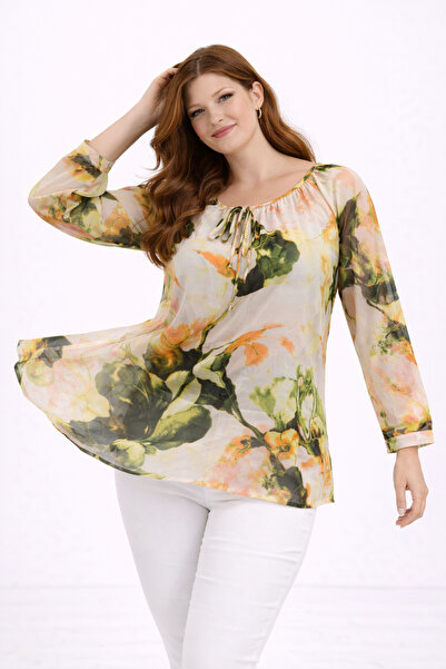 Şans Women's Plus Size Colorful, Floral Print, Unlined Flowy Chiffon Blouse 65N39307