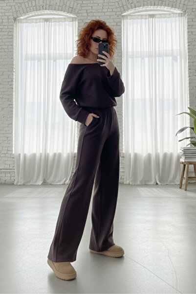 Moda Hour Off-Shoulder Detailed Wide-Leg Sweatpants Set