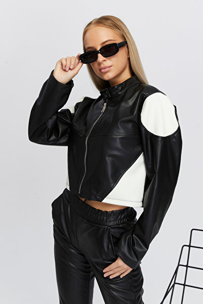 Black Level سترة نسائية كبيرة الحجم منقوشة باللون الأبيض - رقبة بسحاب، كتف وت...