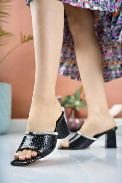 Nesil Shoes Senyo 076 Чорні кроко літні жіночі капці на підборах