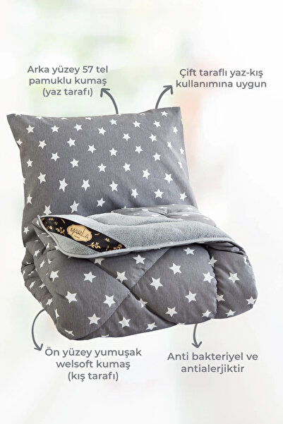 MARLA HOME Star Big Gri Desenli Tek Kişilik Çift Taraflı Welsoft Yorgan Seti Wellsoft Battaniye Pofuduk Yumuşak