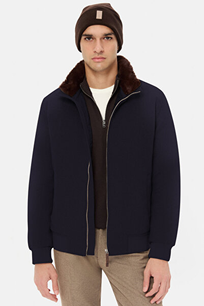 D'S Damat معطف فرو قابل للفصل ذو ياقة مسطحة باللون الأزرق الداكن من Ds Damat