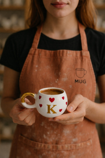 Mugtasarım كوب قهوة تركي مزدوج على شكل قلب مطلي بالذهب عيار 24 قيراط - حرف K