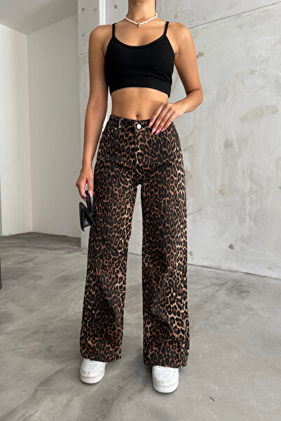 BİKELİFE Palazzo-Hose aus Lycra mit hoher Taille und weitem Bein und Leopardenmuster für Damen