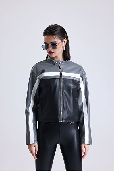 Black Level Jachetă de motociclist imprimată oversize pentru femei, cu fermoa...