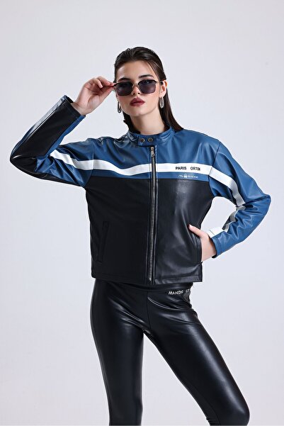 Black Level Kadın Oversize Baskılı Motorcu Ceketi Fermuarlı Kolej Mont Bomber...