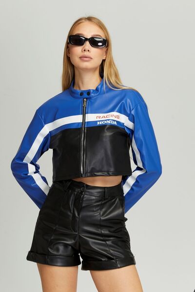 Black Level Kadın Kısa Oversize Baskılı Motorcu Ceketi Fermuarlı Kolej Mont B...
