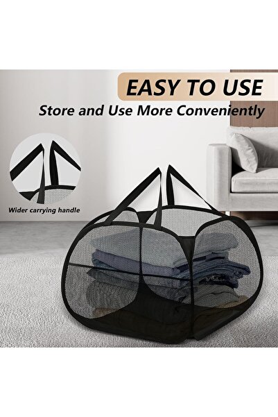 Arabest سلة غسيل قابلة للطي من قطعتين، شبكية، محمولة، مع جيوب جانبية، لتخزين الملابس، لون أسود