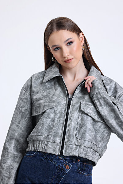 Black Level Palton de damă din piele oversize căptușit cu mânecă cu buton rapid Palton din piele Închidere cu fermoar Paltoane de colegiu Gri