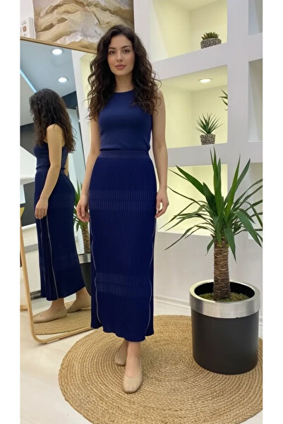 MissWhence Pleated Side Zipper Skirt Navy Blue 38921