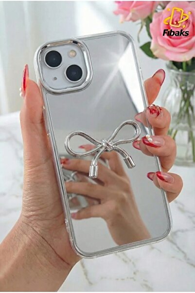 Fibaks iPhone 13 - 14 Uyumlu Kılıf Aynalı Gümüş 3D Fiyonk Desenli Darbe Emici...
