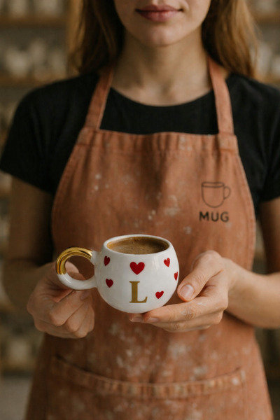 Mugtasarım فنجان قهوة تركي مزدوج مطلي بالذهب عيار 24 قيراط - حرف L -