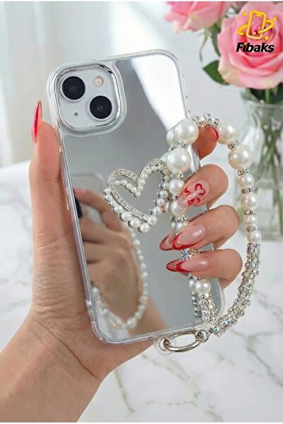 Fibaks Apple iPhone 13 - 14 - 15 Kılıf Aynalı İnci Charm Askılı Kalp Tasarıml...