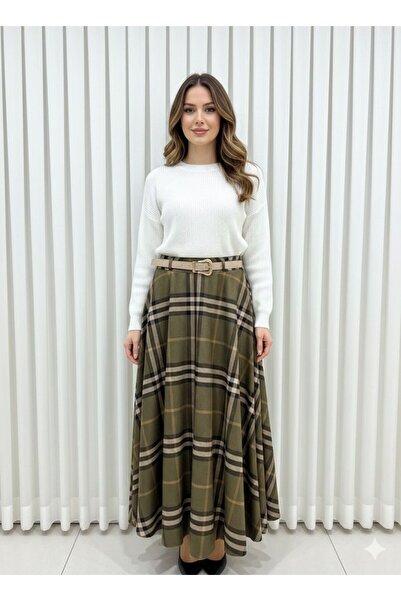 Fibula Yüksek bel ekose kemerli uzun verev astarlı etek bel ölçüsü -38/72-40/...