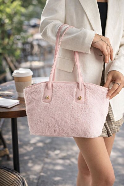torime Pembe Peluş Kumaşlı Büyük Omuz Çantası – Kış Koleksiyonu