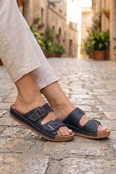 GEZER Papuci de zi cu zi ajustabili, cu două catarame, din piele artificială ...