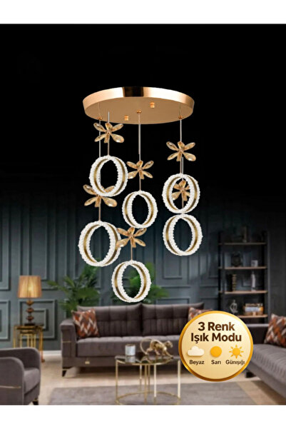 Litra Lighting Zero Model 6"lı Kristal Taşlı Gold 3 Renk Modu Ledli Salon Mut...