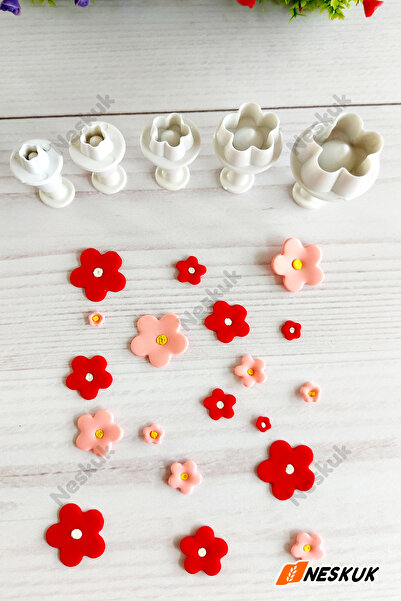 Neskuk Mini çiçek Basmalı 5li ( enjektörlü ) Kurabiye Kalıbı / Şeker Hamuru K...