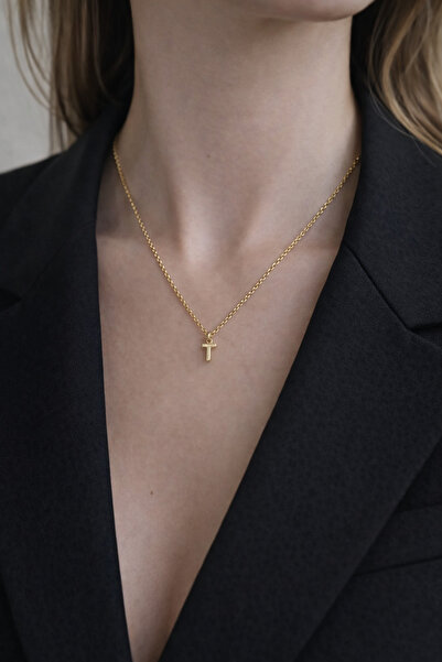 Bellasmi Butik T harf çelik altın ton kolye