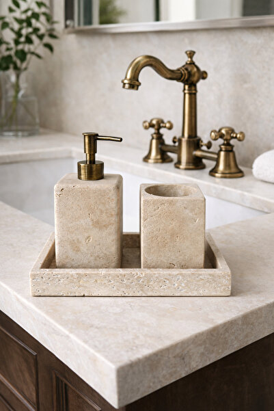 DMR HOME Natural Travertine Stone Bathroom Set – Liquid Soap Dispenser and Toothbrush Holder |   Minimal Luxury Design