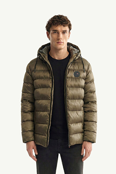 D1fference Erkek Haki Rüzgar Geçirmez Kapüşonlu Spor Kışlık Şişme Mont