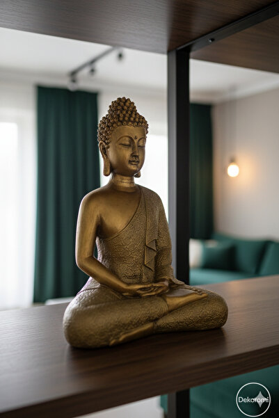 Dekoromi Büyük Boy Buda Heykeli 35x27cm El Boyaması Dekoratif Biblo (Gold)