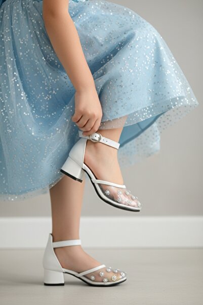 pediashoes KIZ ÇOCUK ŞEFFAF BEYAZ RENK MİNİK TOPUKLU ABİYE AYAKKABI