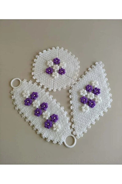 Hediye Dünyası Çeyizlik Eflatun Puf Çiçekli 3'lü Lif Seti