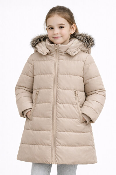 REGOS Kız Çocuk Krem Şişme Mont Kapüşonlu Kürklü Kışlık Uzun Model
