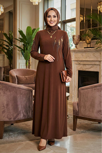 modamira Kadın Pamuk Viskon Kahverengi Boydan Abiye Büyük Beden Kol Ve Önü Ta...