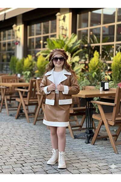Kuzeyi Butik Kız çocuk bayramlik deri ceket deri etek şapka ve sweet dahil 4'...