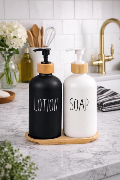 Meralles 2 дозатора за течен сапун от кехлибарено или черно-бяло оцветено стъ...