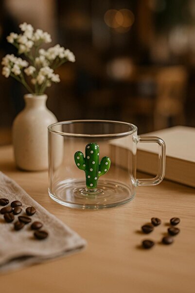 Meralles İçi Üç Boyutlu Kaktüs Detaylı Isıya Dayanıklı Cam Kupa Bardak Fincan...