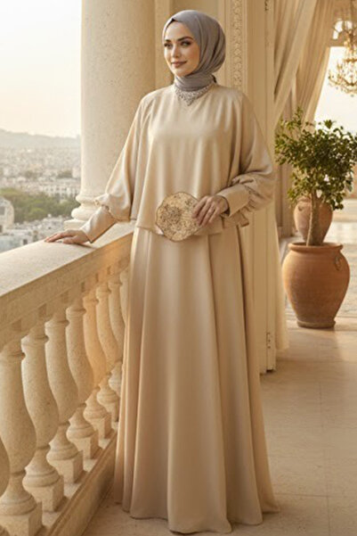 Neva Style فستان سهرة بيج محتشم مع عباءة 6051BEJ