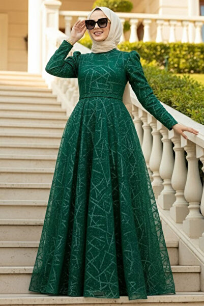 Neva Style Simli Desenli Yeşil Tesettür Abiye Elbise 22282Y