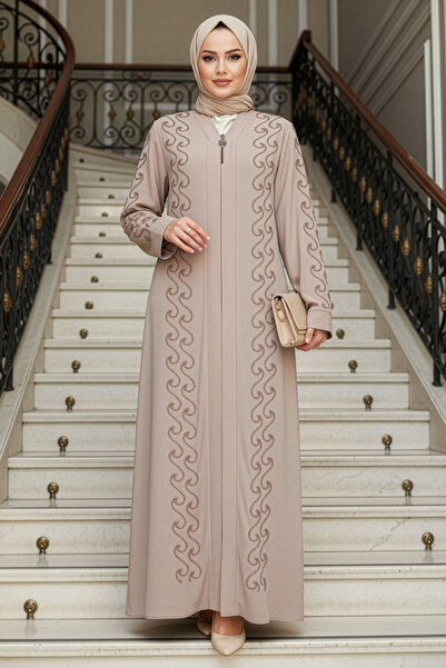 Neva Style Beige Hijab Ferace 29123Bej Bead Embroidered