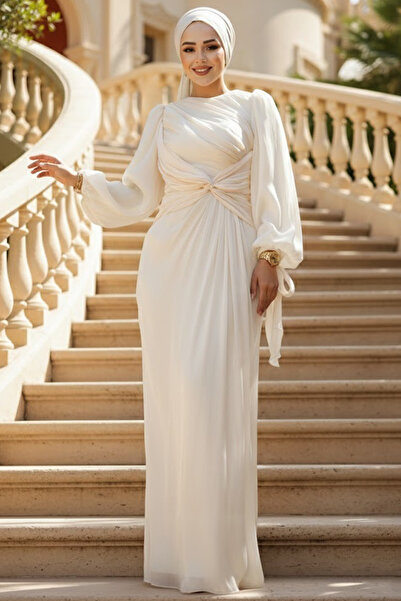 Neva Style فستان سهرة حجاب إكرو بتفاصيل ثنيات 47261E