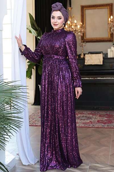 N.S NEVA STYLE فستان سهرة حجاب أرجواني مطرز بالترتر 44961MOR