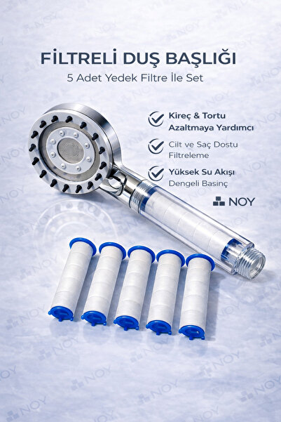 NOY Filtreli Duş Başlığı 5 Yedek Filtre | Su Arıtmalı, Klor Ve Kireç Önleyici, Yüksek Basınçlı