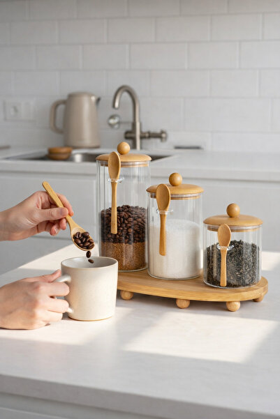 Kezze 3'lü Cam Kavanoz Seti Bambu Kapaklı Kaşıklı -1350/1000/650 ml Bakliyat ...