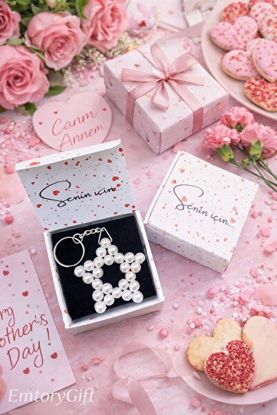 Emtory Home Senin İçin Kalpli Kutulu Hediyelik İnci Anahtarlık - Kadınlar Gün...