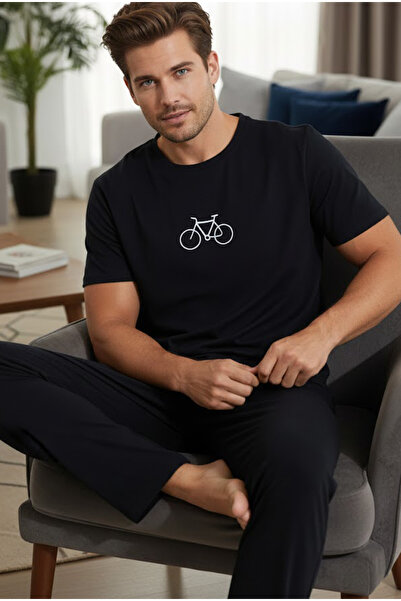 Siyah İnci طقم بيجامة رجالي محبوك - أسود، كم قصير، 7794