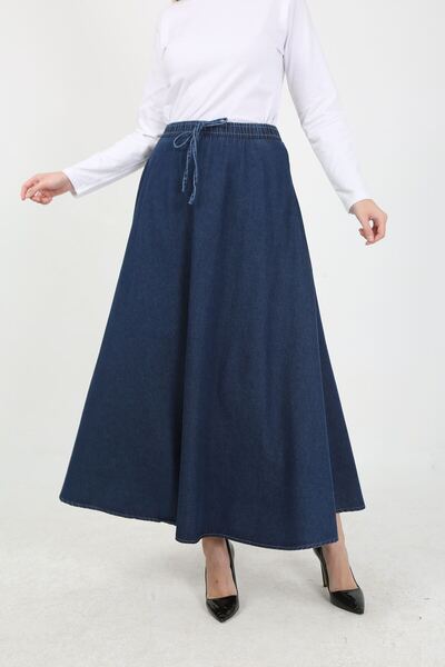 VELLICHOR Elastic Waistband Drawstring Denim Flared Skirt Dark Blue